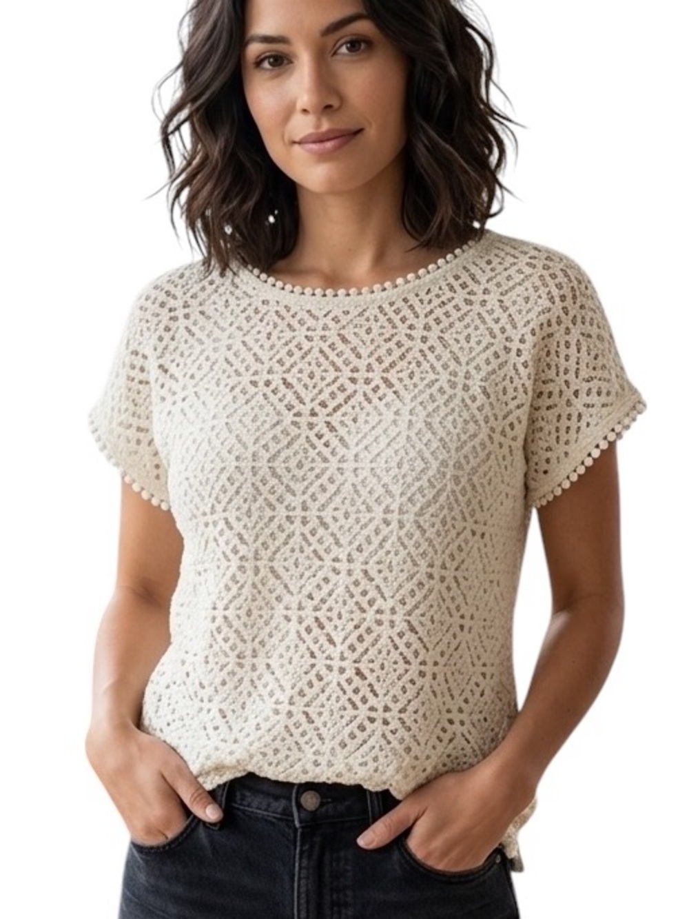 CABLE & GAUGE Cream Crochet Knit Short Sleeve Top Tee Boho Size Large